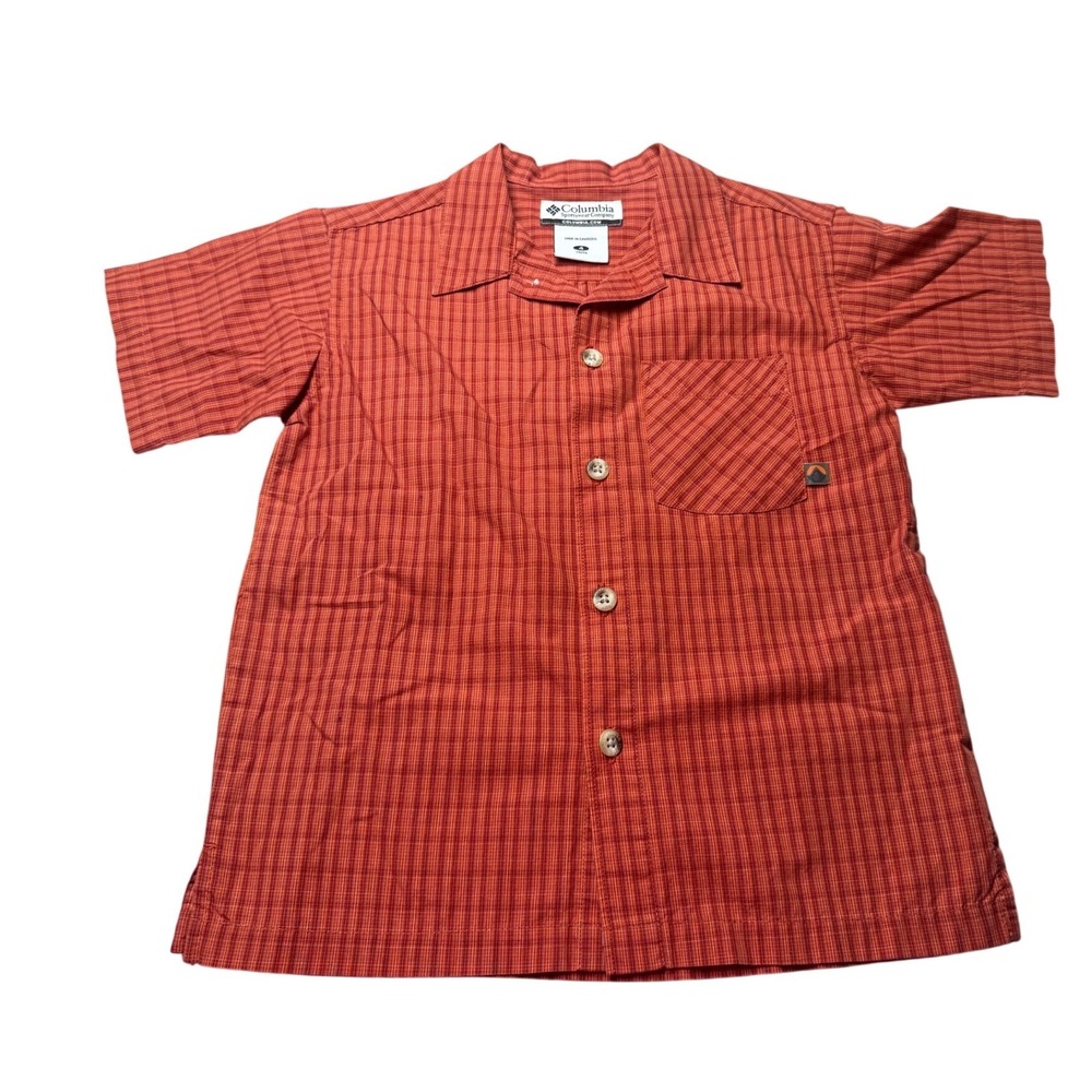 Columbia Boys Size 4 Orange Red Plaid Short Sleeve Cotton Button Up Hiking Shirt